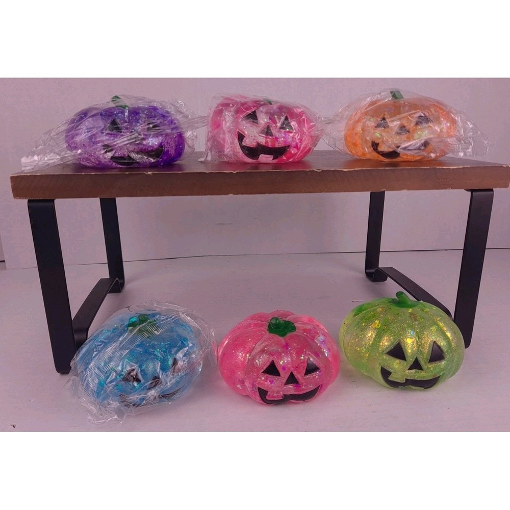 Halloween Jack O Lantern Glitter Pumpkin Squishies Firm Sensory Toys Set Of 6
